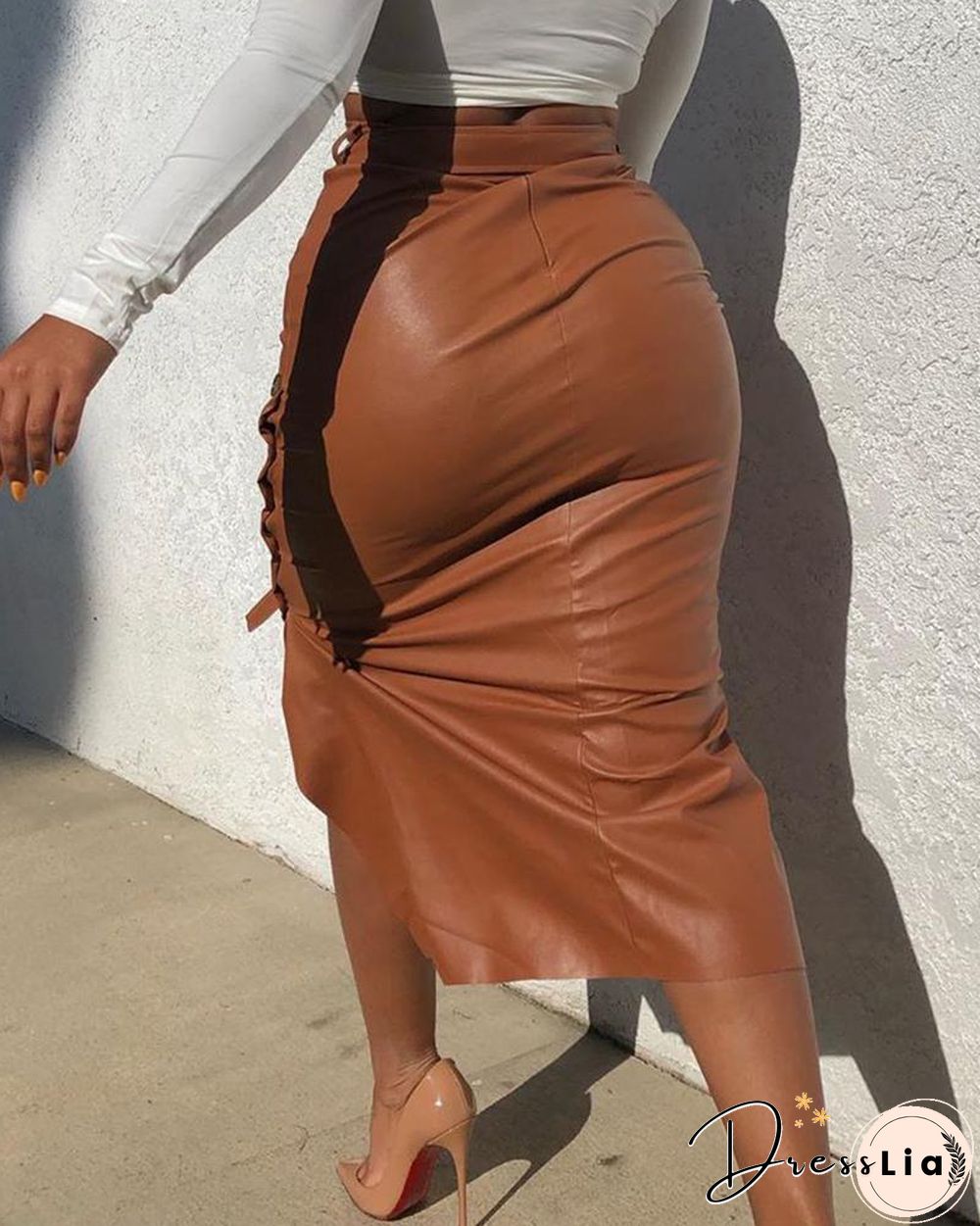 Buttoned Slit PU Leather Midi Skirt P10427