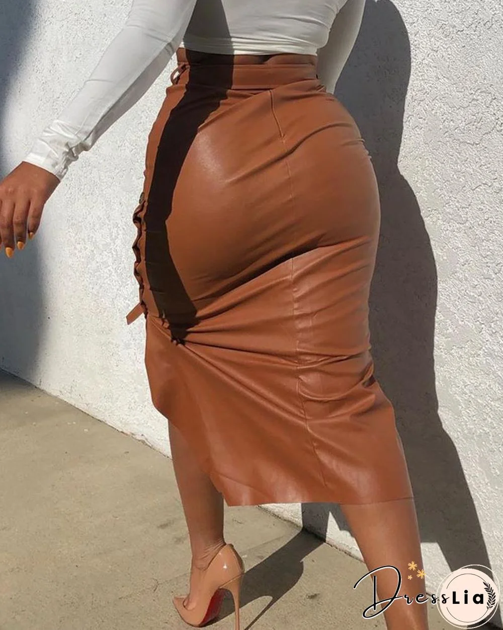 Buttoned Slit PU Leather Midi Skirt P10427
