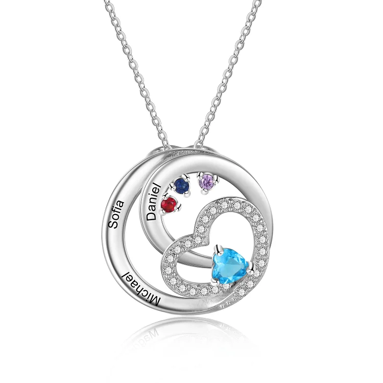Personalized Circle Necklace Engraved 3 Names with Birthstones Family Necklace