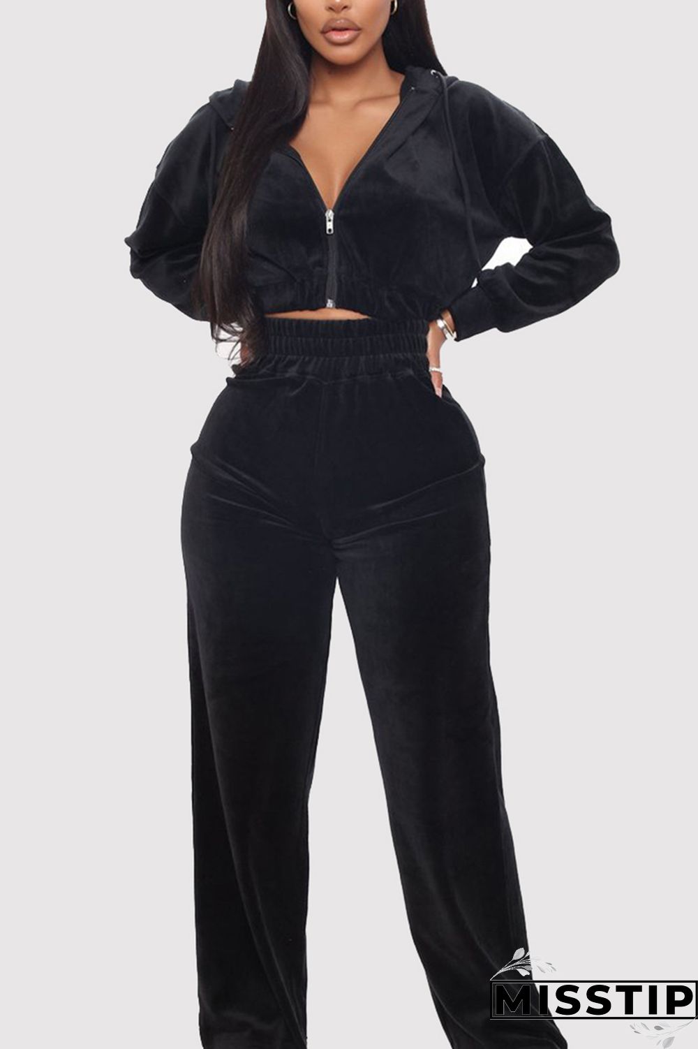 Grey Casual Flocking Solid Pants Zipper Collar Long Sleeve Regular Sleeve Short Two Pieces