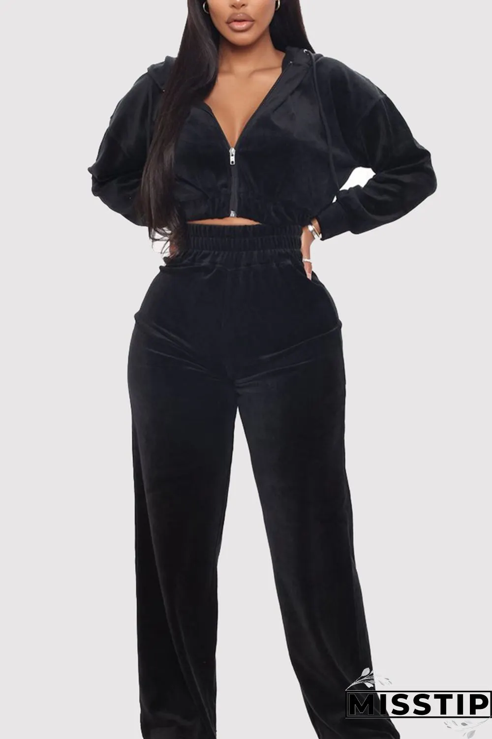 Grey Casual Flocking Solid Pants Zipper Collar Long Sleeve Regular Sleeve Short Two Pieces