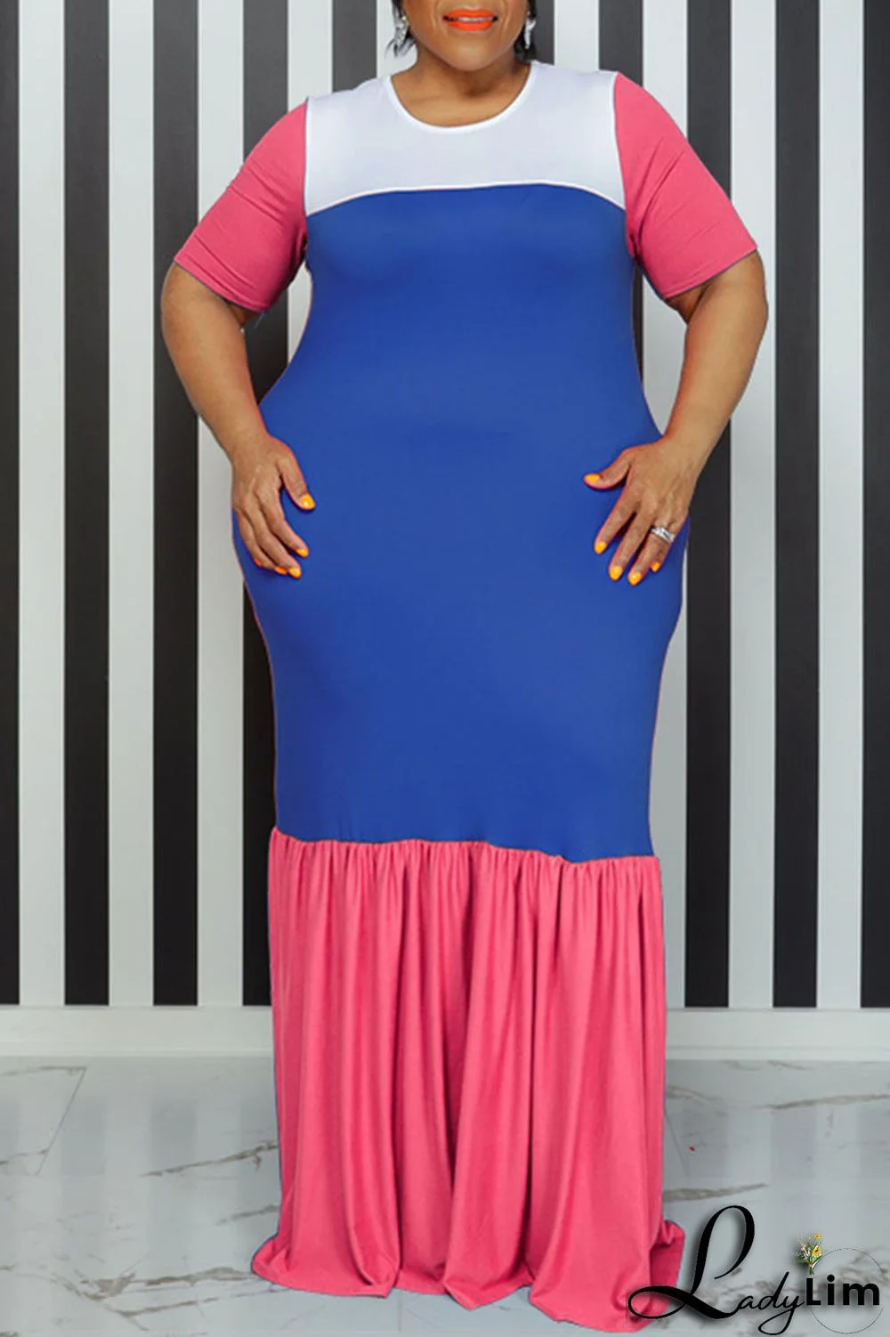 Blue Casual Solid Patchwork O Neck Straight Plus Size Dresses