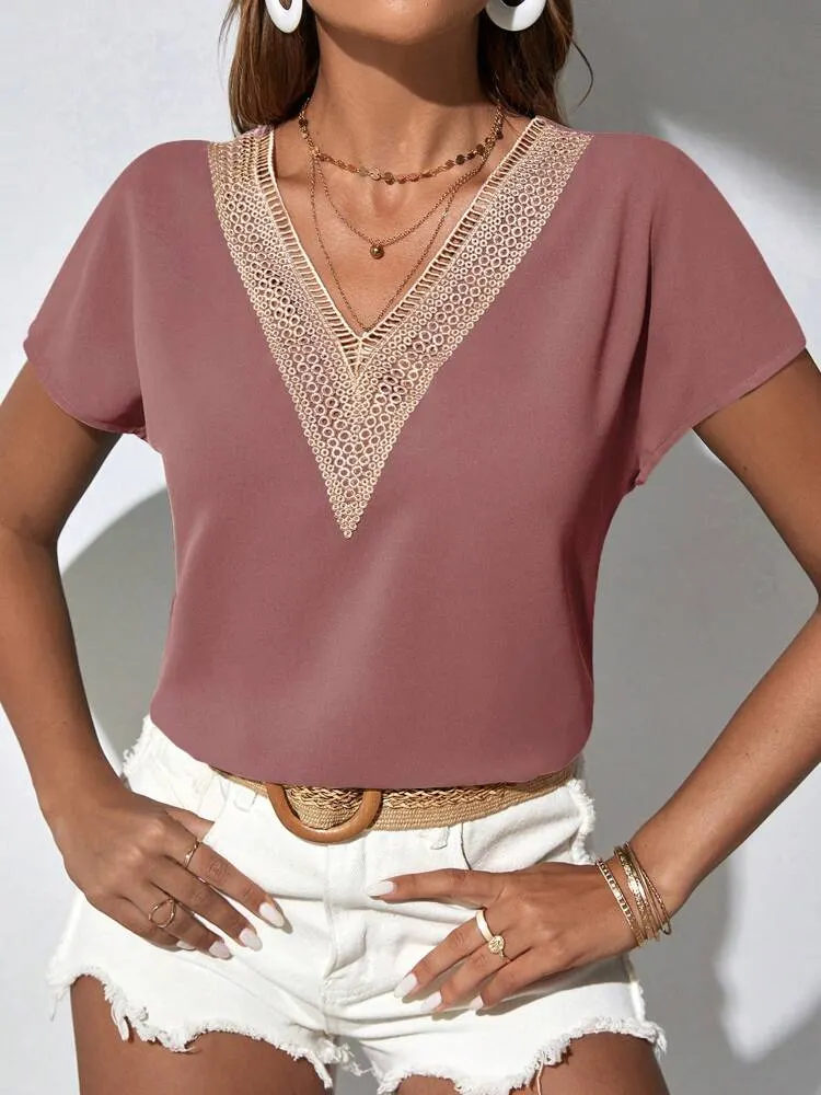 Guipure Lace Panel Batwing Sleeve Blouse