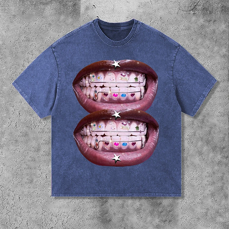 Unisex Lip Graphic Print Street Acid Washed T-Shirt SOPULA