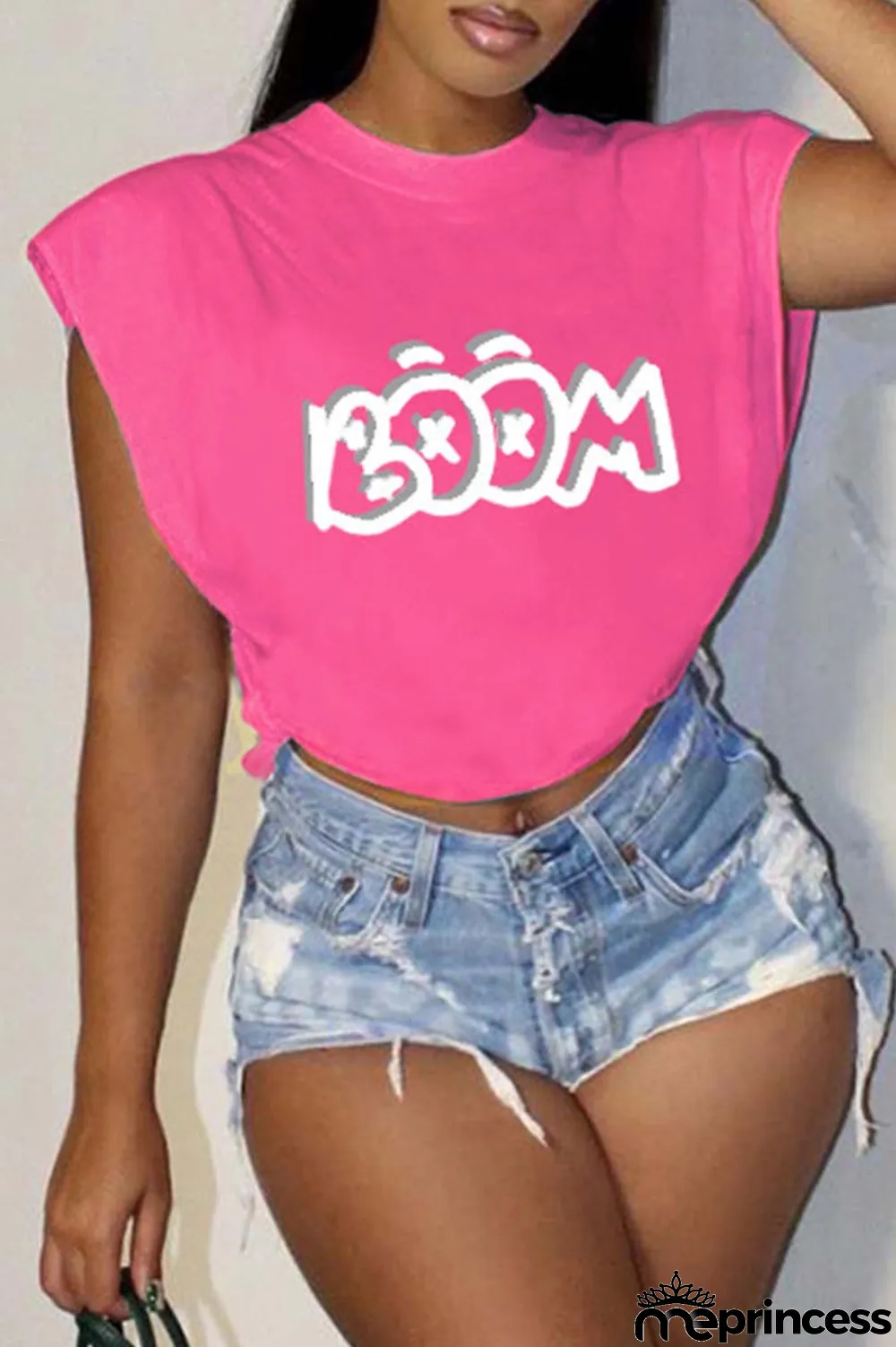 Rose Red Casual Letter Print Patchwork O Neck T-Shirts