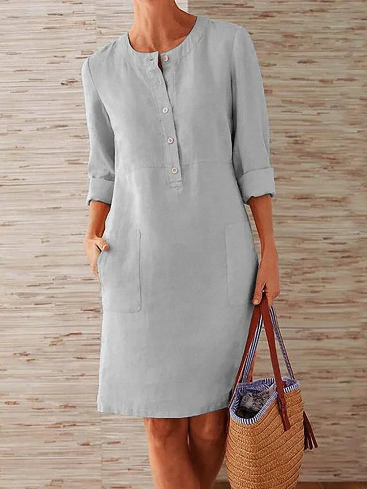 Daily Solid Half Button Long Sleeve Pocket Midi Dress