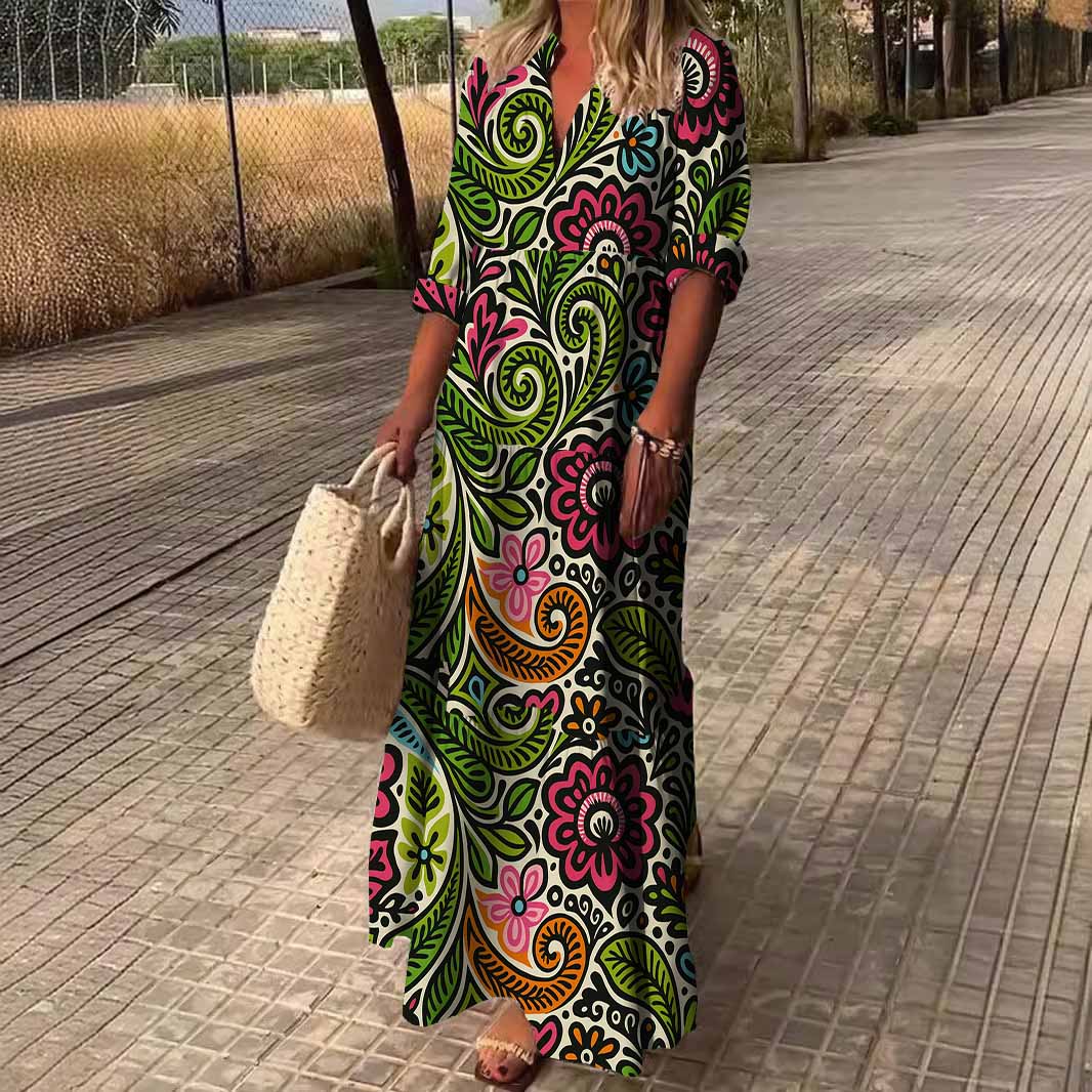 Women Flowers, Red, Green DZDN0375 SPU Printed Long Sleeve V-neck Maxi Dress