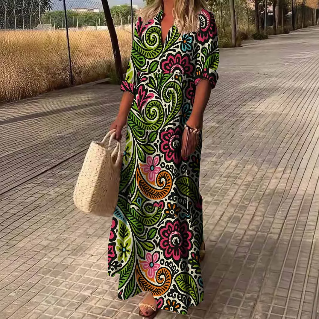 Women Flowers, Red, Green DZDN0375 SPU Printed Long Sleeve V-neck Maxi Dress