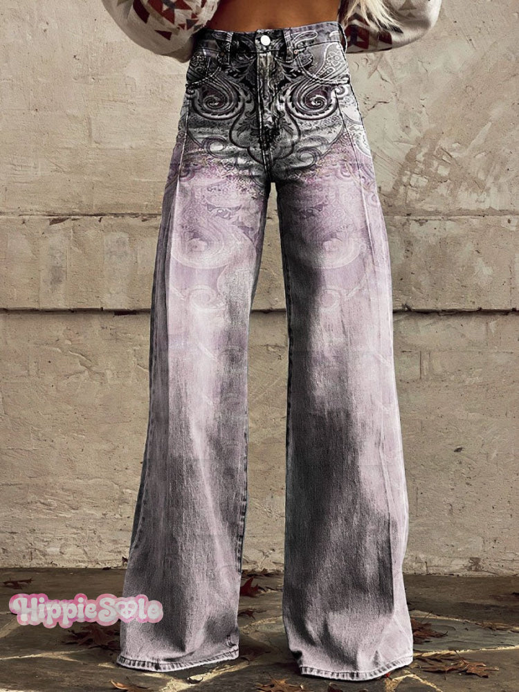 Women’s Retro Gradient Pattern Art Print Casual Wide Leg Pants Multicolor / Xs