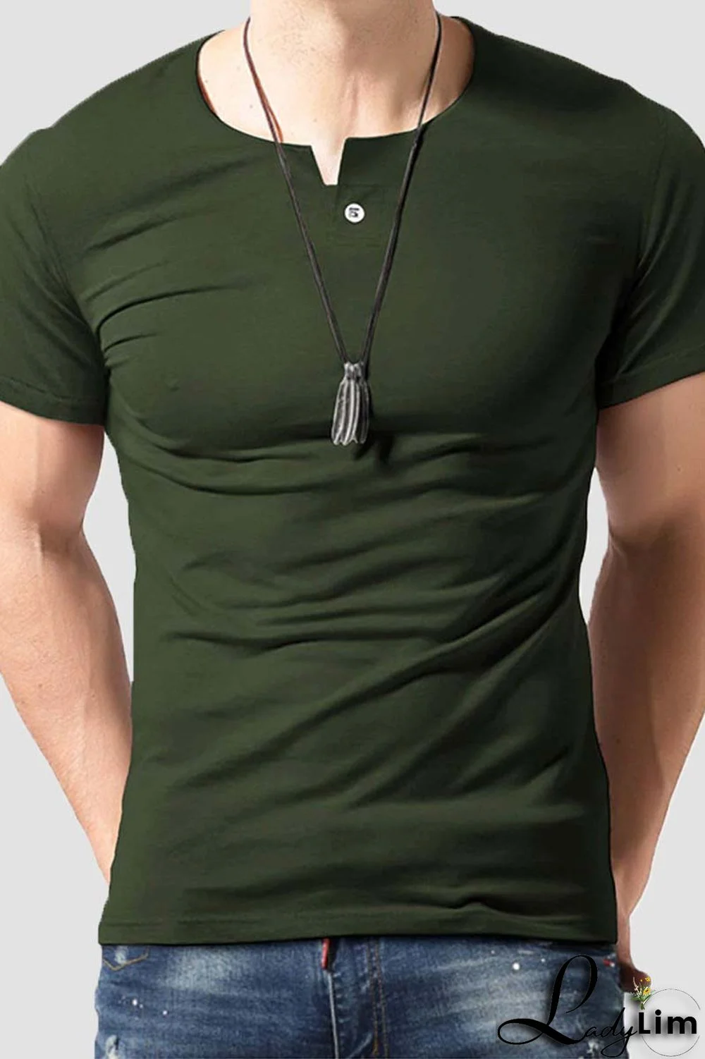 Army Green Fashion Casual Solid Basic O Neck Men's T-shirt