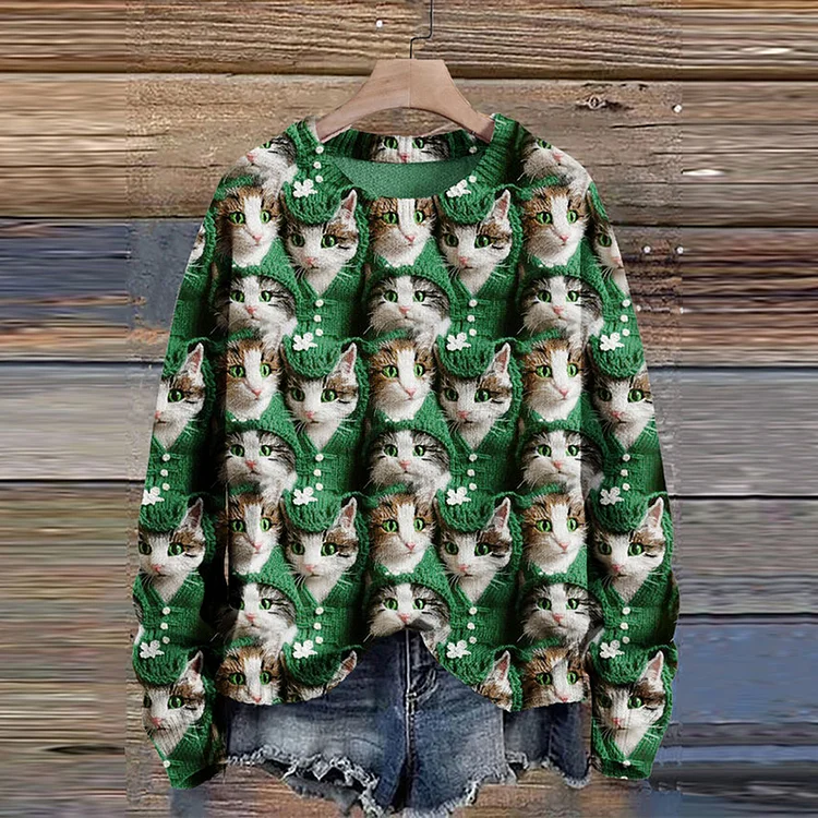VChics St. Patrick's Day Cat Art Print Knit Pullover Sweater
