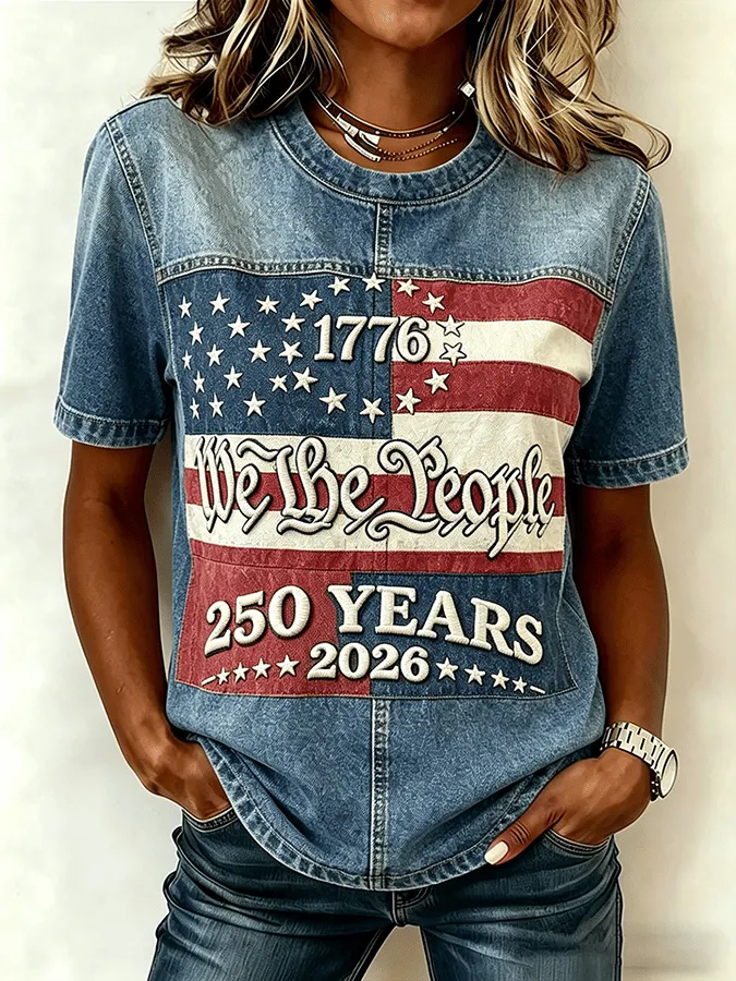 Women's Patriotic Commemorative Art Embroidery Pattern Comfortable Short-Sleeve T-Shirt 