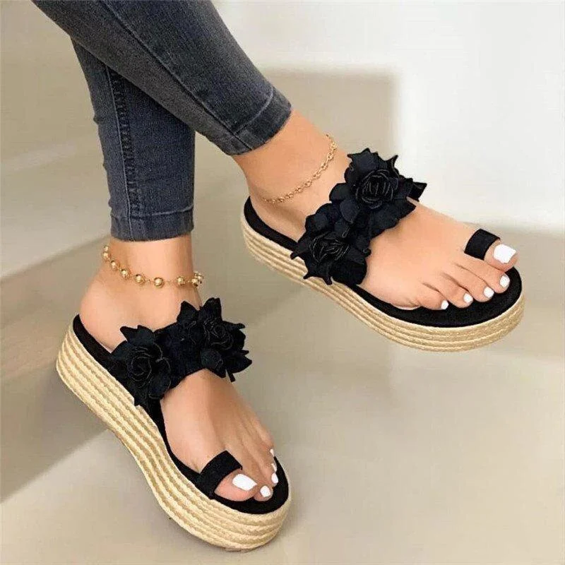 Women's Summer Sandals Flower Ladies Open Toe Slip On Flock Flat Platform Shoes Woman Fashion Comfortable Casual Female 2020