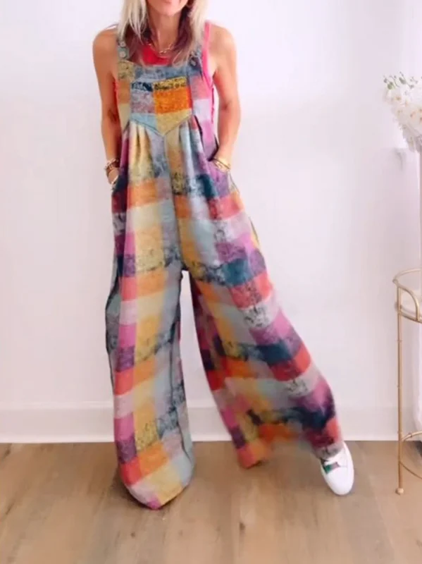 Plaid Print Casual Wide Leg Jumpsuit