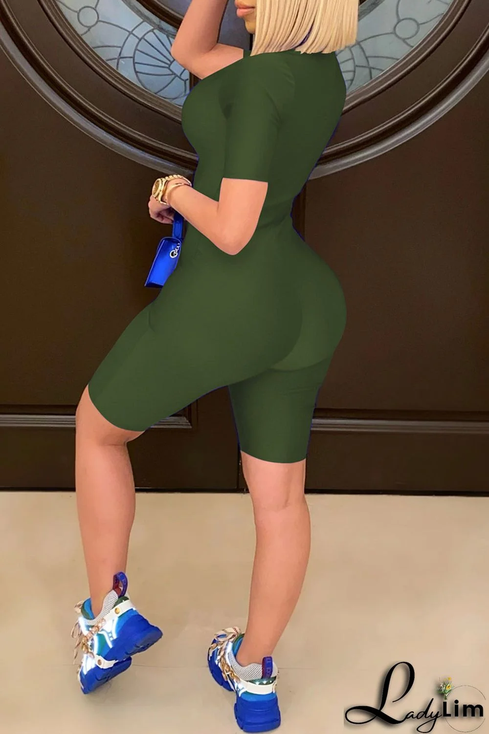 Royal Blue Fashion Casual Solid Basic Zipper Collar Skinny Romper