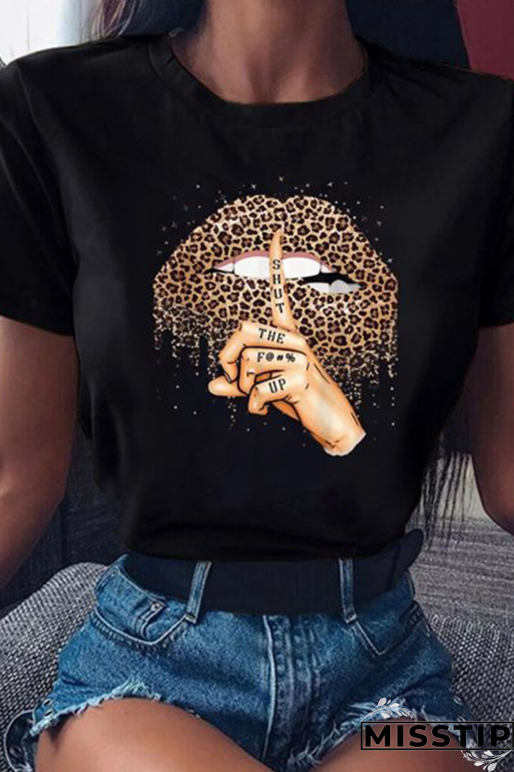 Orange Street Lips Printed Patchwork O Neck T-Shirts