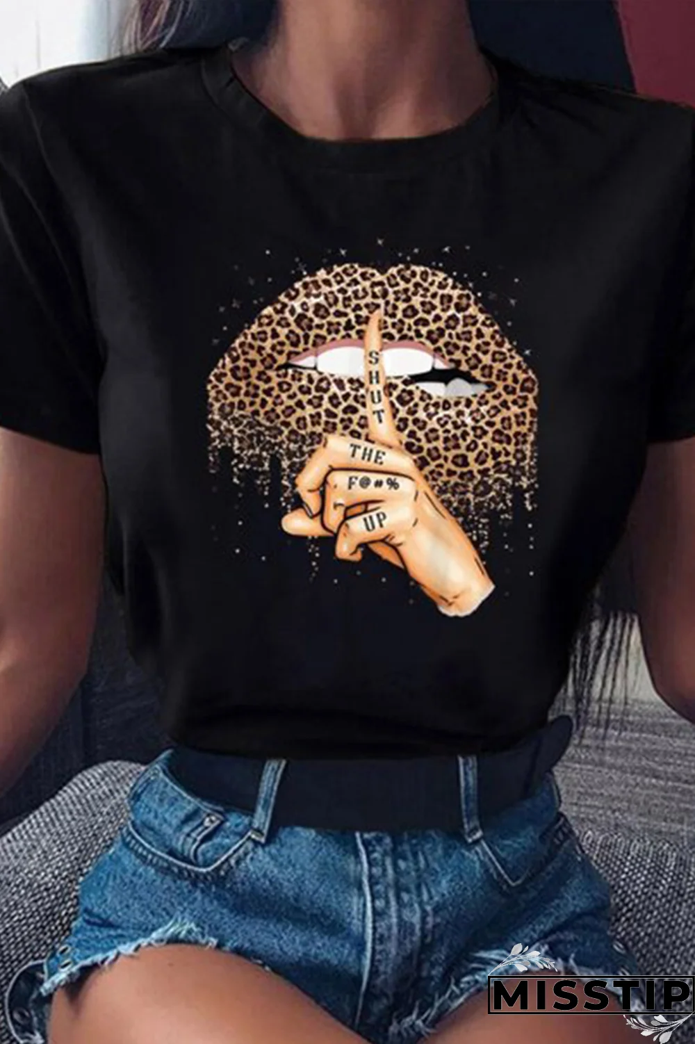 Orange Street Lips Printed Patchwork O Neck T-Shirts