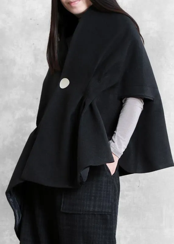 Loose black wool Blouse v neck short asymmetric shirt