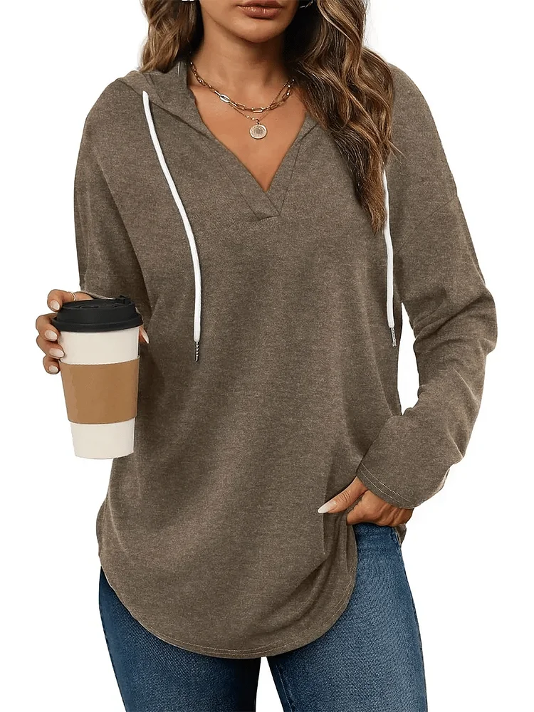 HOT SALE -Women's Casual V Neck Long Sleeve Drawstring Hoodie Sweatshirts 