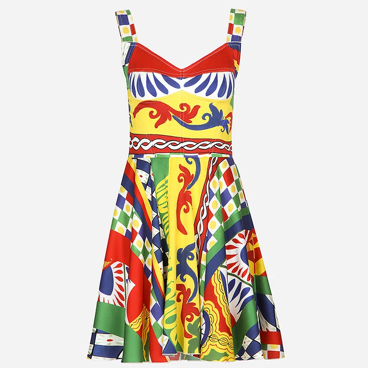 Vacation Style Colorful Printed Sling Mini Dress