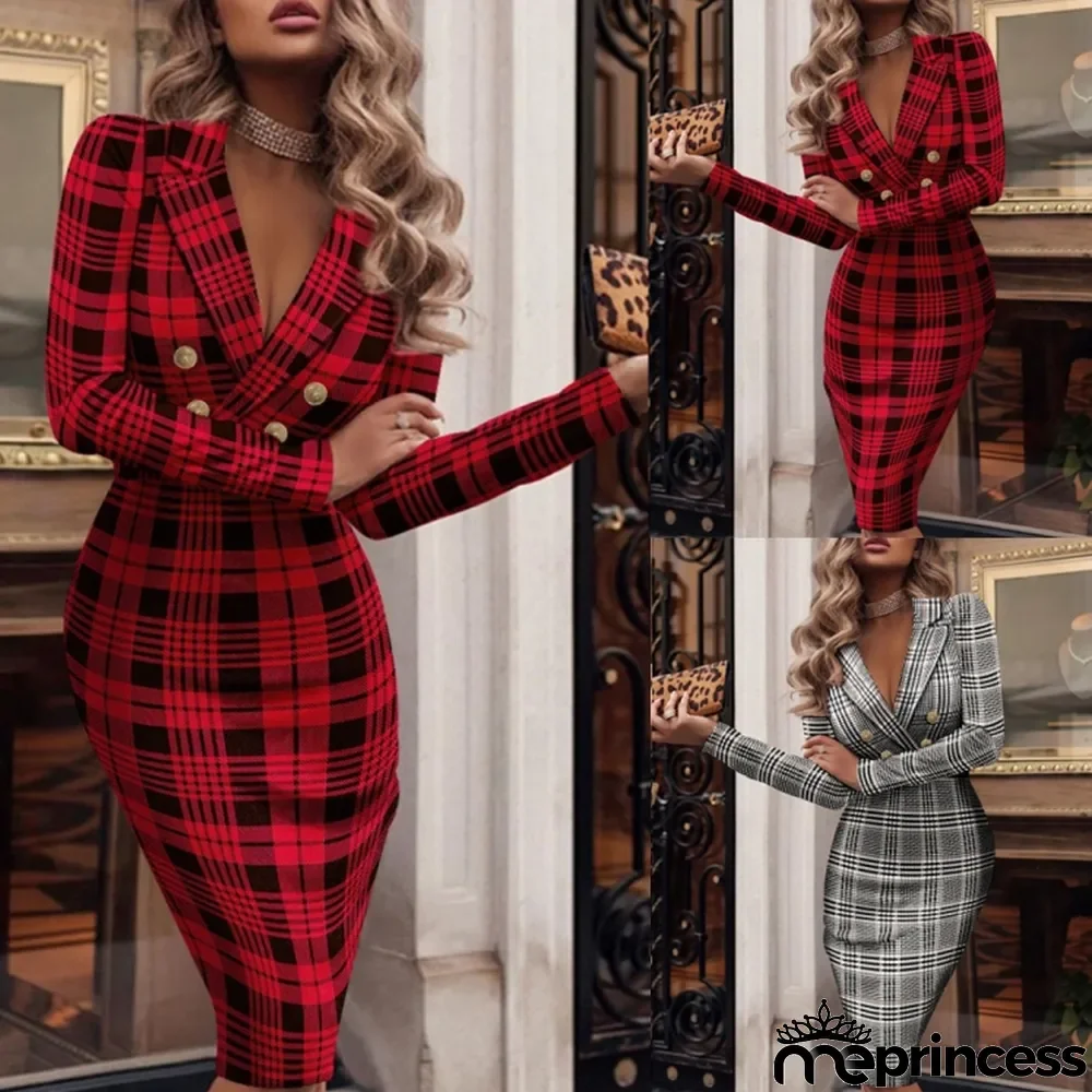 Spring Fashion Plaid Turndown Collar Long Sleeve Midi Drees