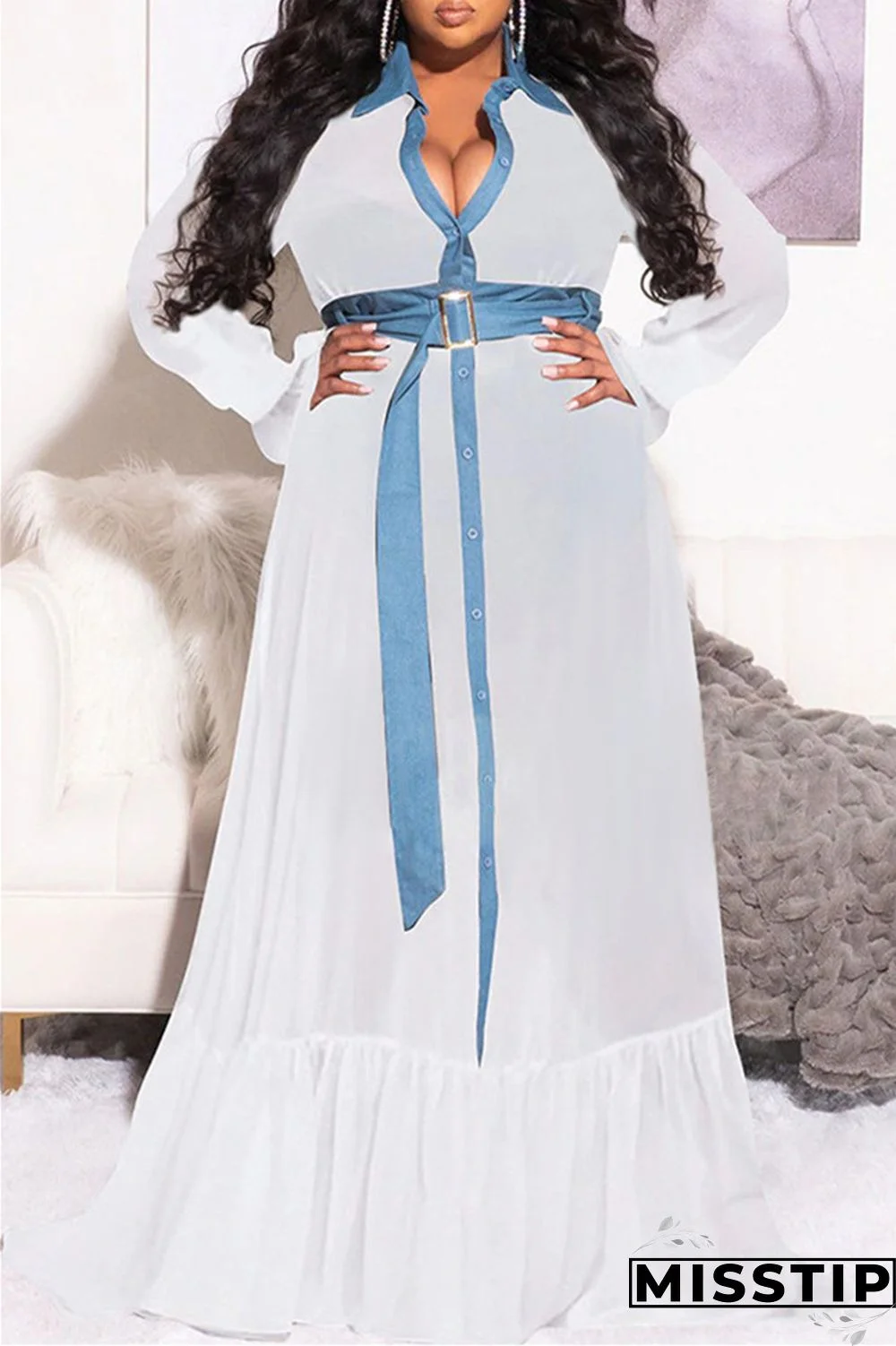 White Fashion Casual Plus Size Patchwork With Belt Turndown Collar Shirt Dress