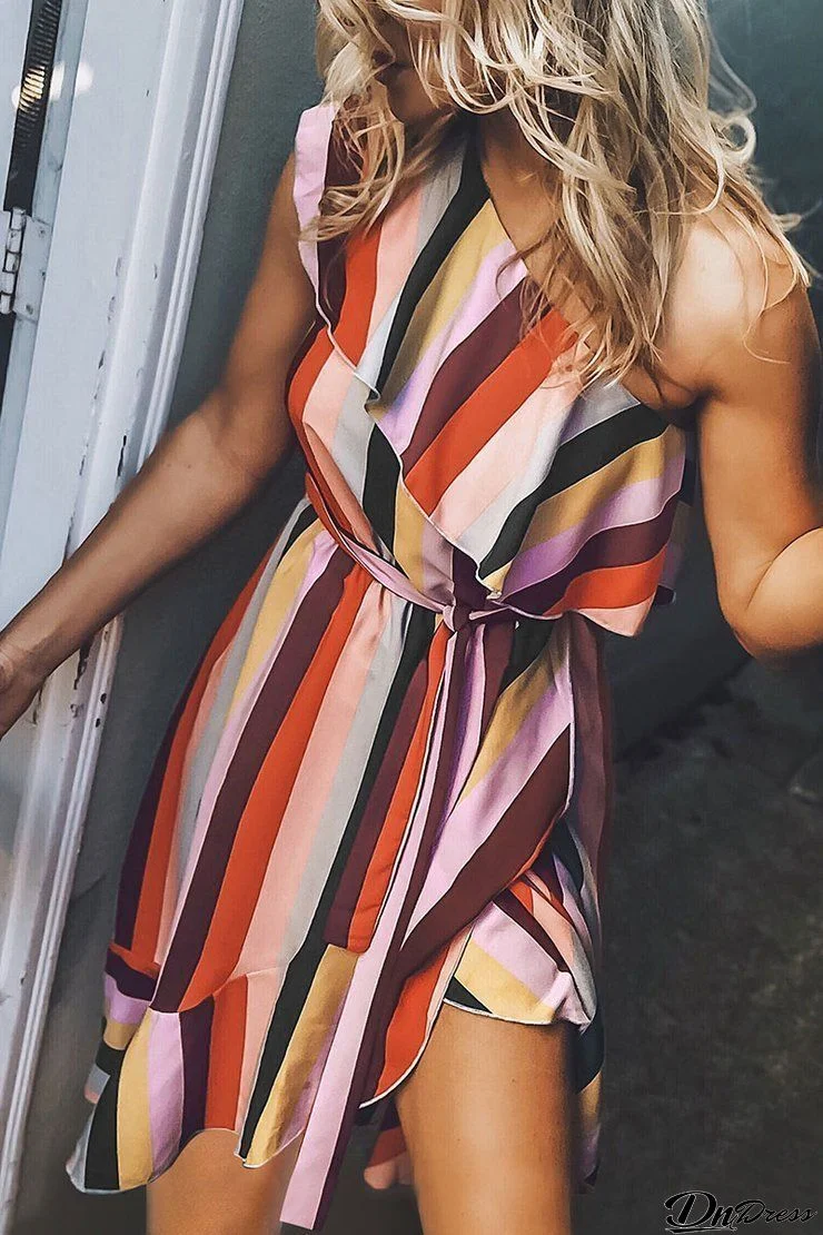 Stripe One Shoulder Ruffles Mini Dress