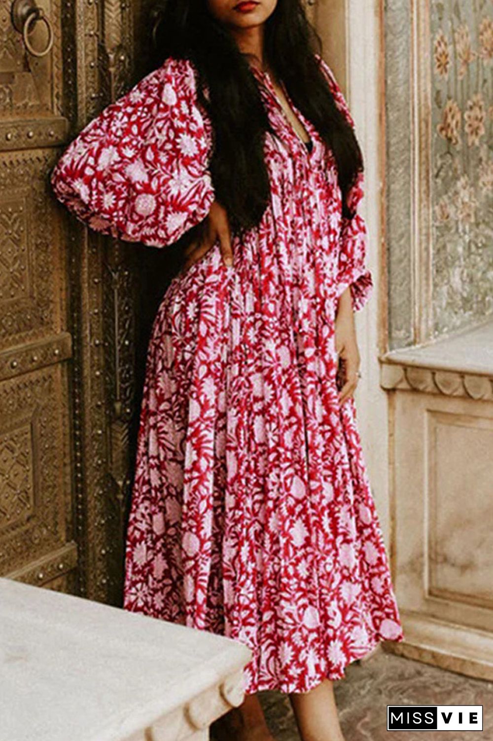 College Vacation Dress Floral Patchwork Frenulum Asymmetrical Collar Beach Dress