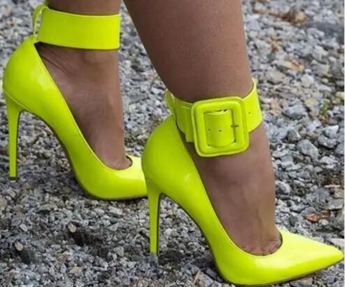 VCSHOES Neon Rose Pink Yellow Ankle Big Square Buckle Pumps Women Pointed Toe Thin High Heels Patent Leather Party Pumps Shoes Women