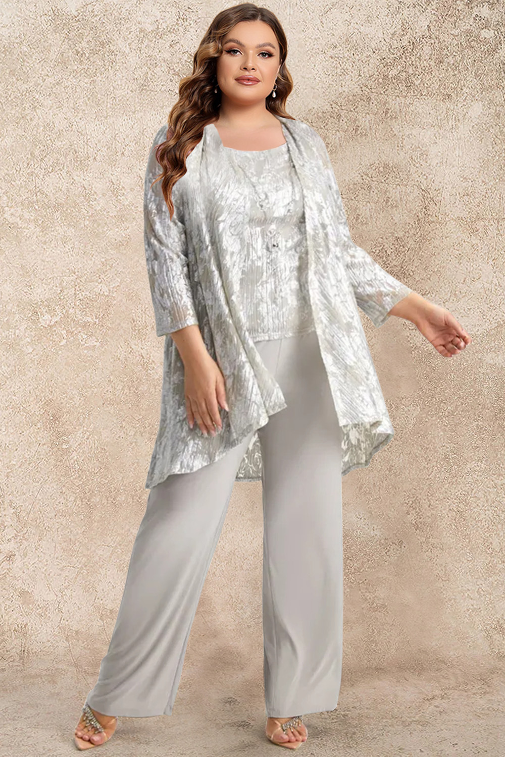 Flycurvy Plus Size Mother Of The Bride Grey Chiffon 3/4 Sleeve Wide Leg Three Piece Pant Suit 2024 - Flycurvy 