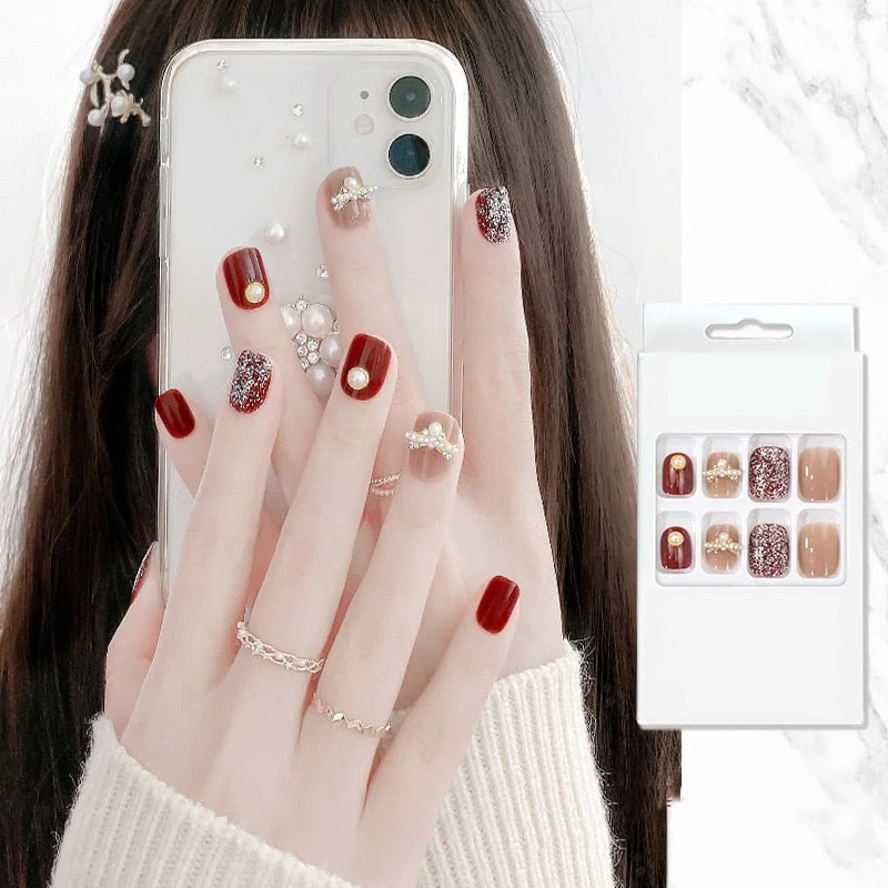 false nails with designs acrylic for nail Imitation Pearl Lace Bowknot press on nails Charming Pre Design fake nails with glue-Nail Inspo