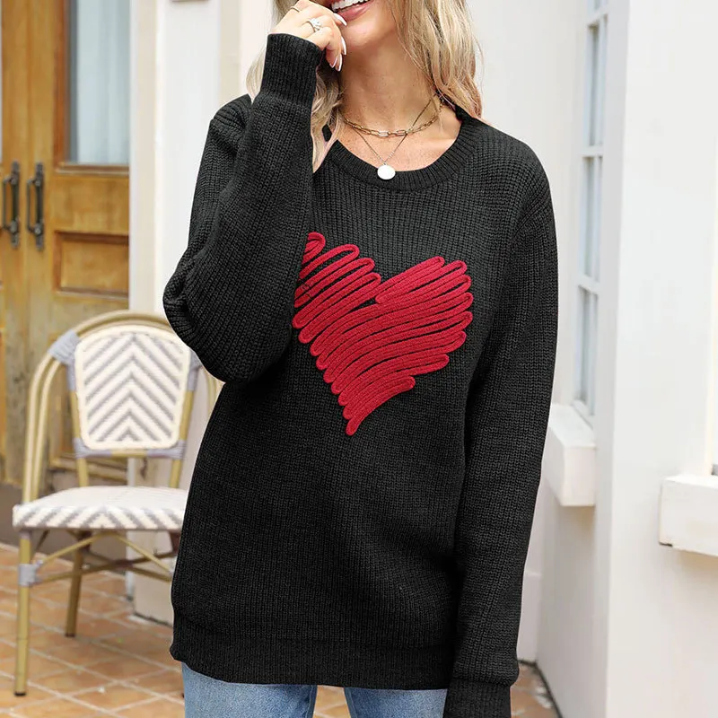 Athvotar Athvotar Autumn And Winter Loose Love Embroidery Round Collar Long-Sleeved Knitted Sweater Woman