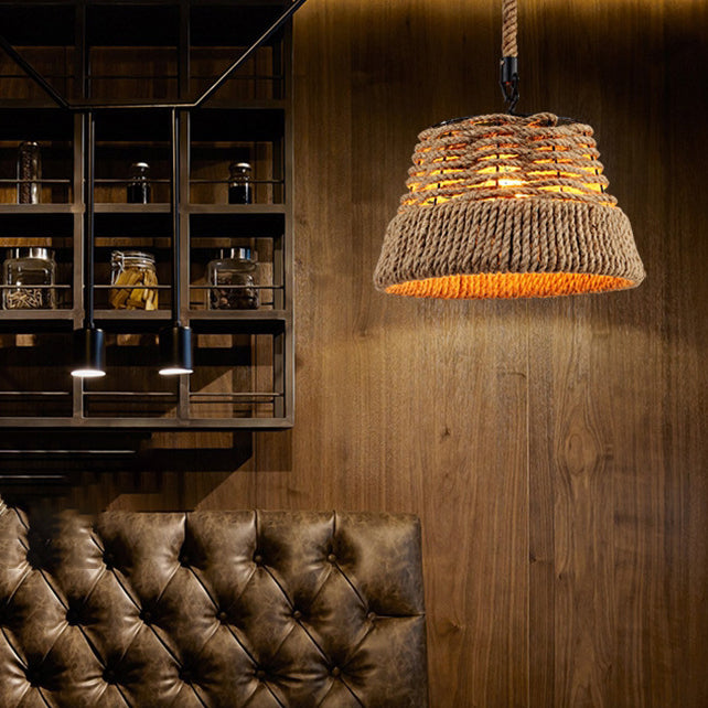 Traditional Vintage Round Flower Basket Sisal Iron 1-Light Pendant Light For Living Room