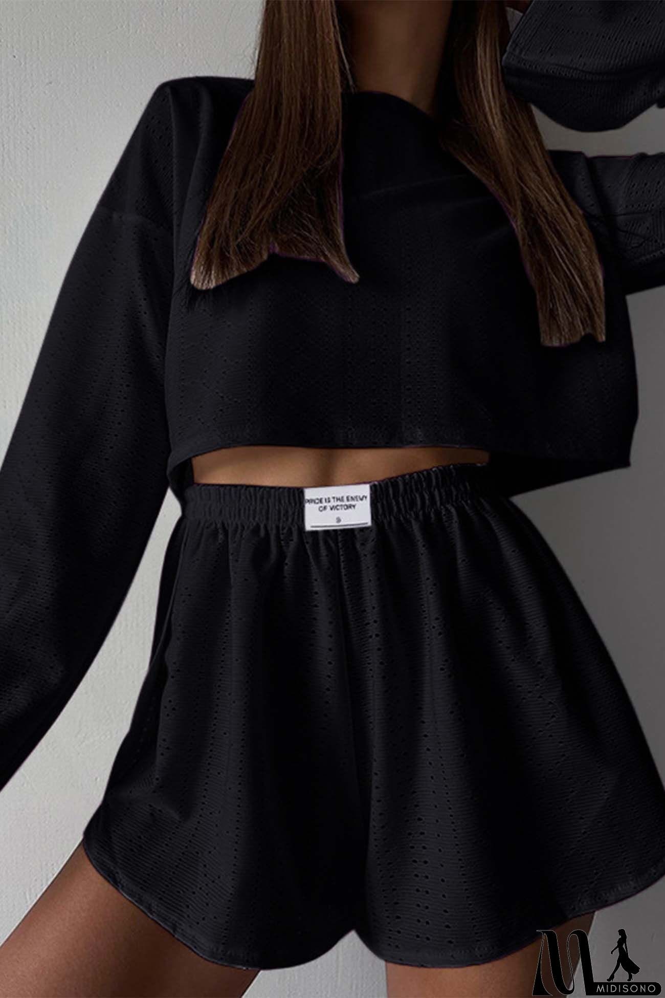 MidiSono - Hollow Long Sleeve Shorts Slit Two-Piece Set