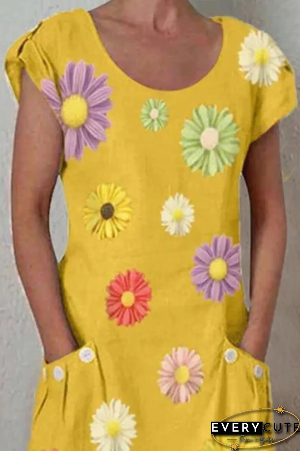 Daisy Print Paneled Short Sleeves Pockets Casual Midi Dress