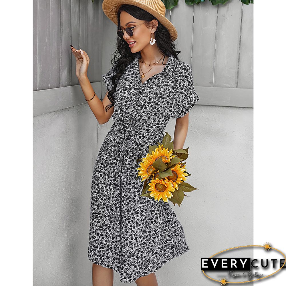 White Floral Print Button Shirt Dress with Belt