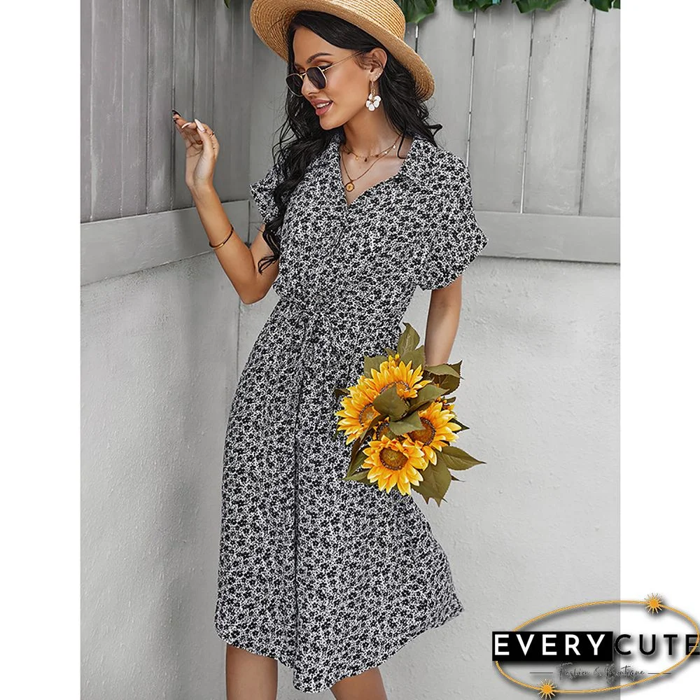 White Floral Print Button Shirt Dress with Belt