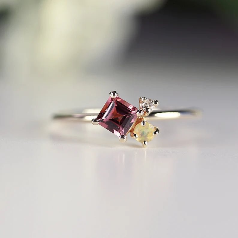 Opal Engagement Ring, Multi Three Birthstone Ring 14k Gold