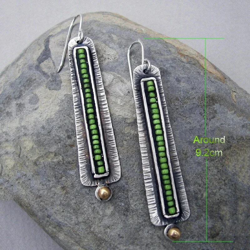 Elegant Extra Long Metal Hand Inlaid Green Bead Drop Earrings Boho Ethnic Tribal Vintage Wedding Party Earrings
