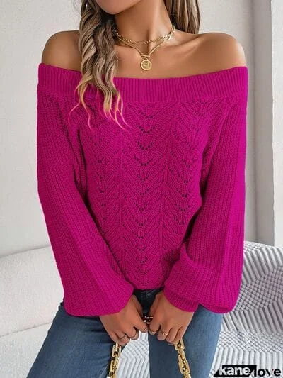 Openwork Off-Shoulder Long Sleeve Sweater