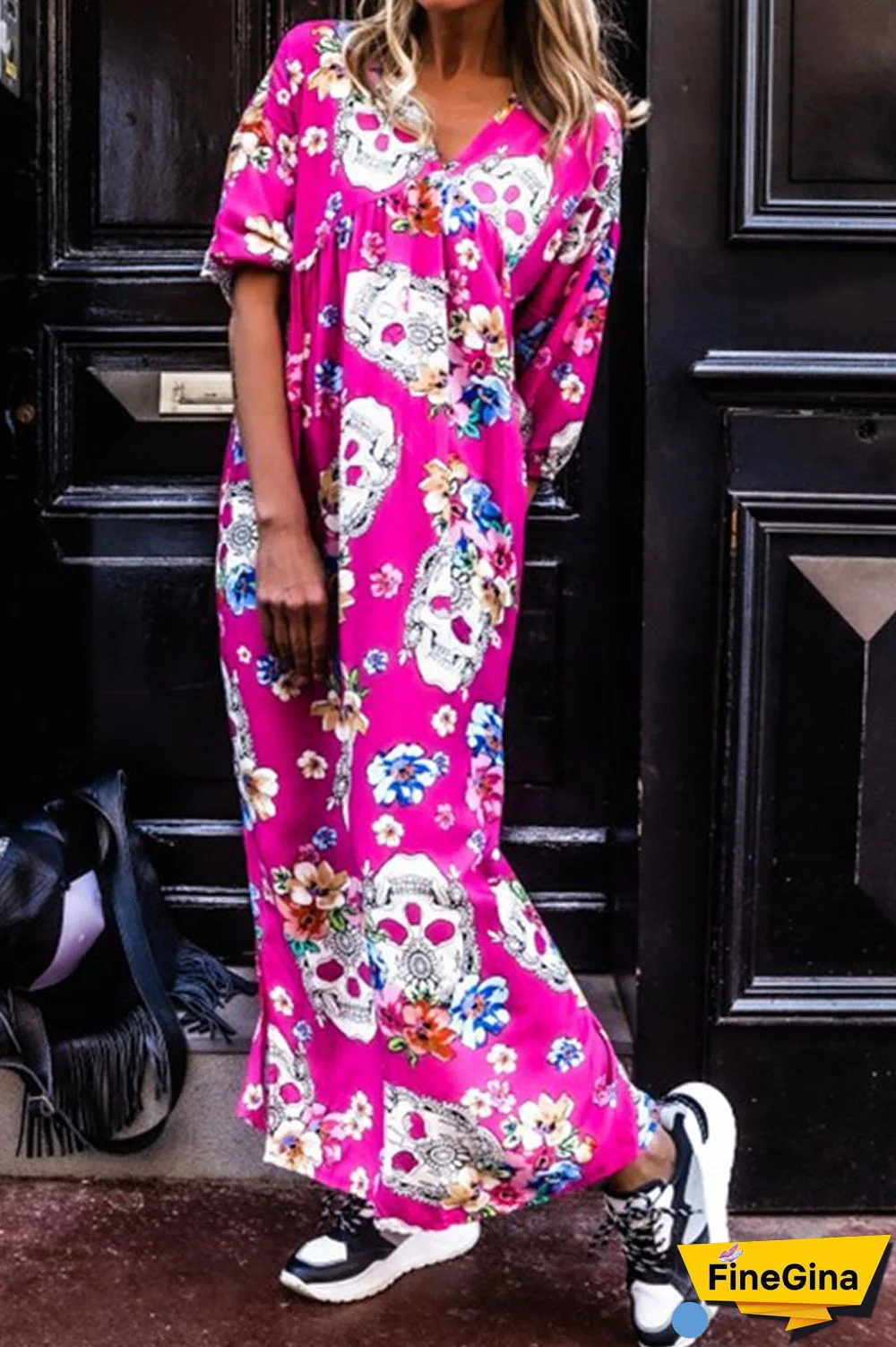 Bohemian Floral Skull Print Maxi Dress