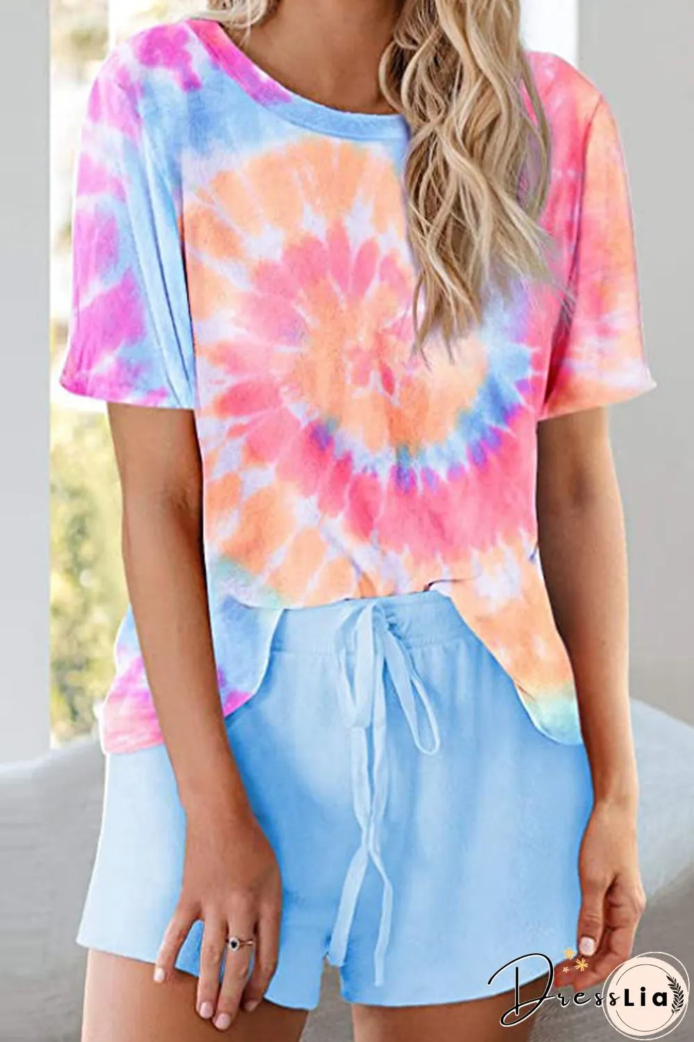 Round Neck Tie Dye Drawstring Two Piece Sets