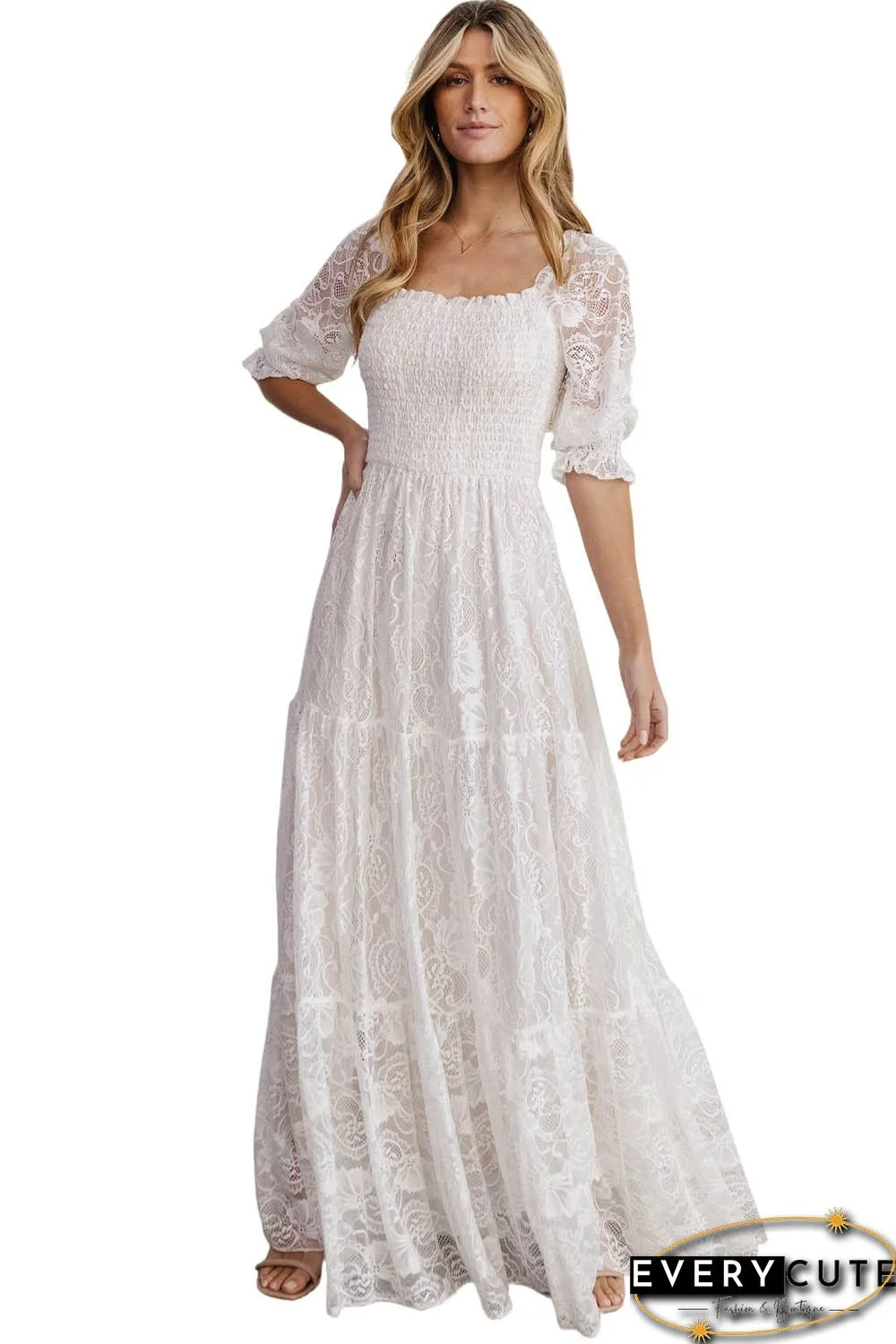 White Lace Crochet Smocked High Waist A-line Maxi Dress