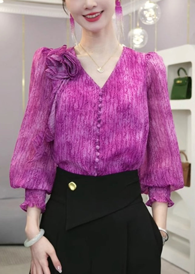 VCSHOES Purple V Neck Ruffled Patchwork Silk Top Long Sleeve