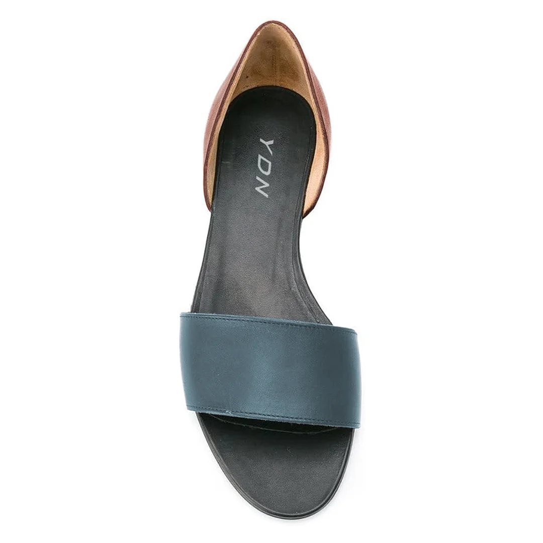 Vegan Leather Round Toe Flat Comfy Sandals in Blue & Brown