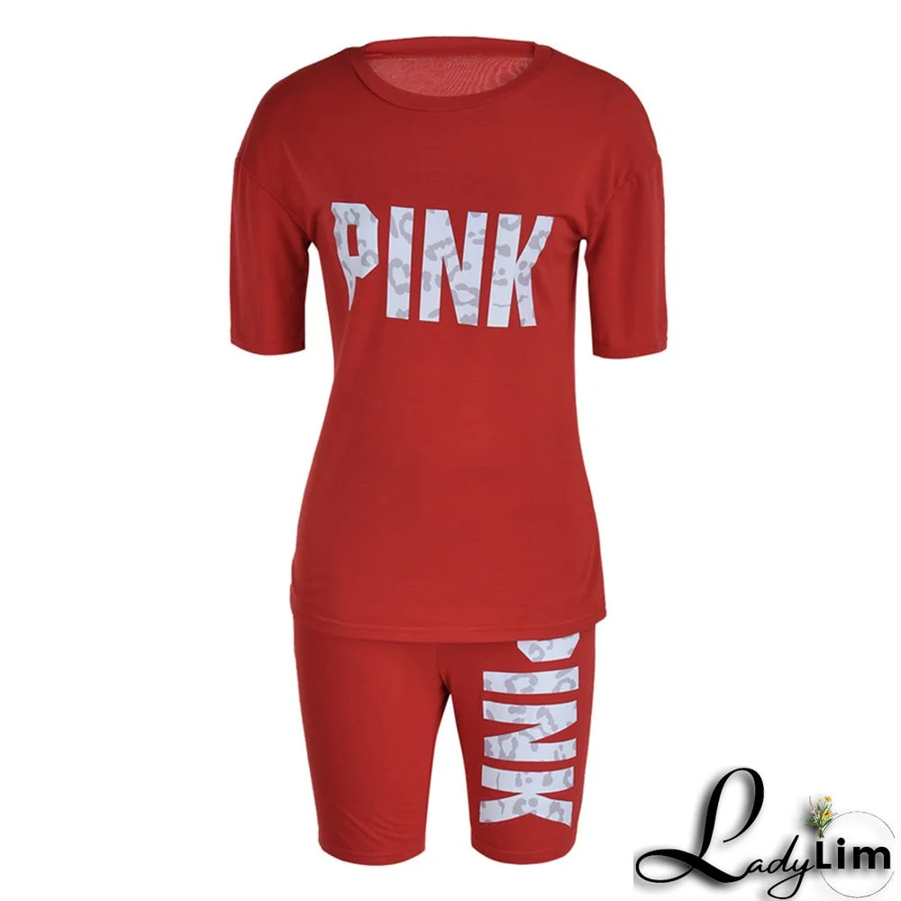 Blue Fashion Casual Letter Print Patchwork O Neck Short Sleeve Two Pieces