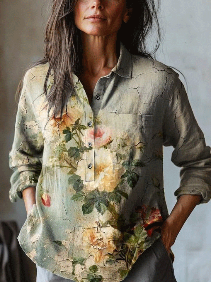 Women's Vintage Lovely Floral Art Print Casual Cotton And Linen Shirt