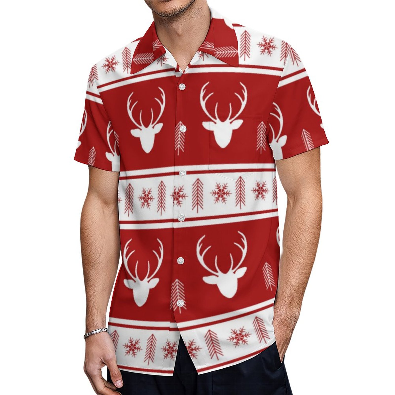Rustic Red White Reindeer Snowflake Christmas Hawaiian Shirt Mens Button Down Tropical Hawaii Beach Shirts