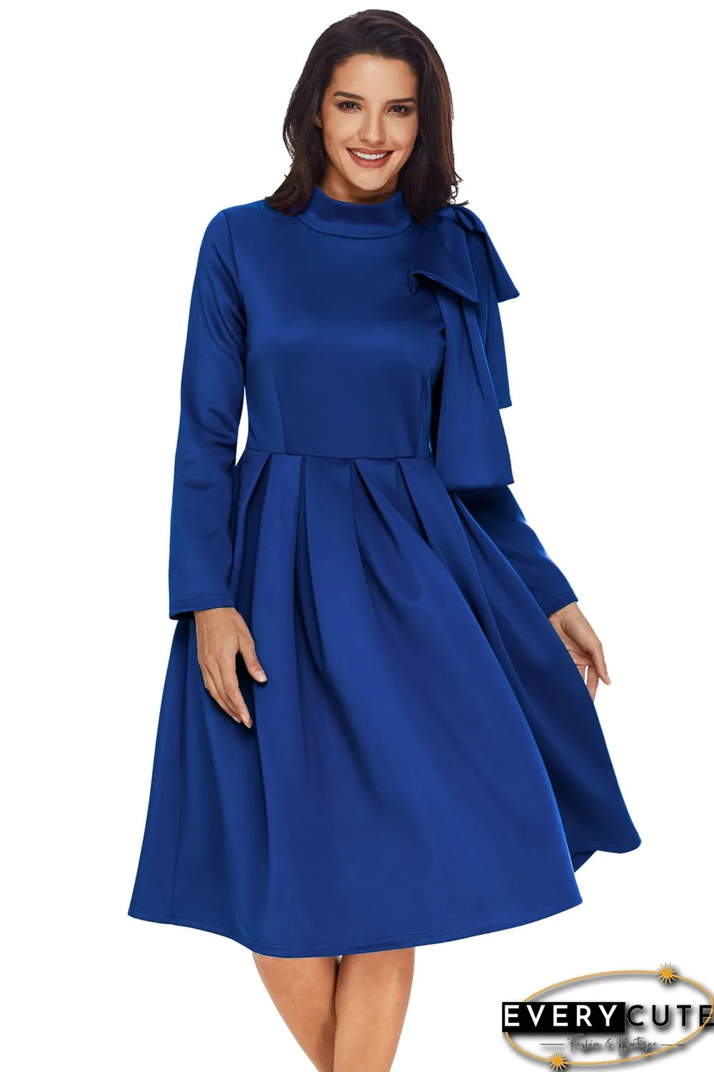 Royal Blue Bowknot Embellished Mock Neck Pocket Dress