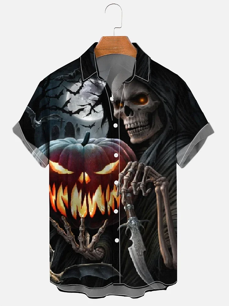 Men's Pumpkin And Skull Lantern Bat Halloween Print Shirt